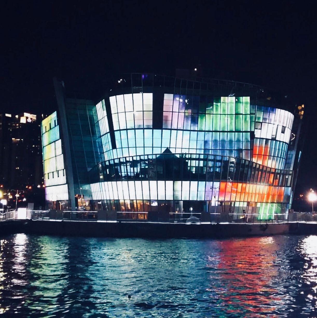 夜间的盘浦大桥流水景观，灯光在水中映出七彩流动的风光。